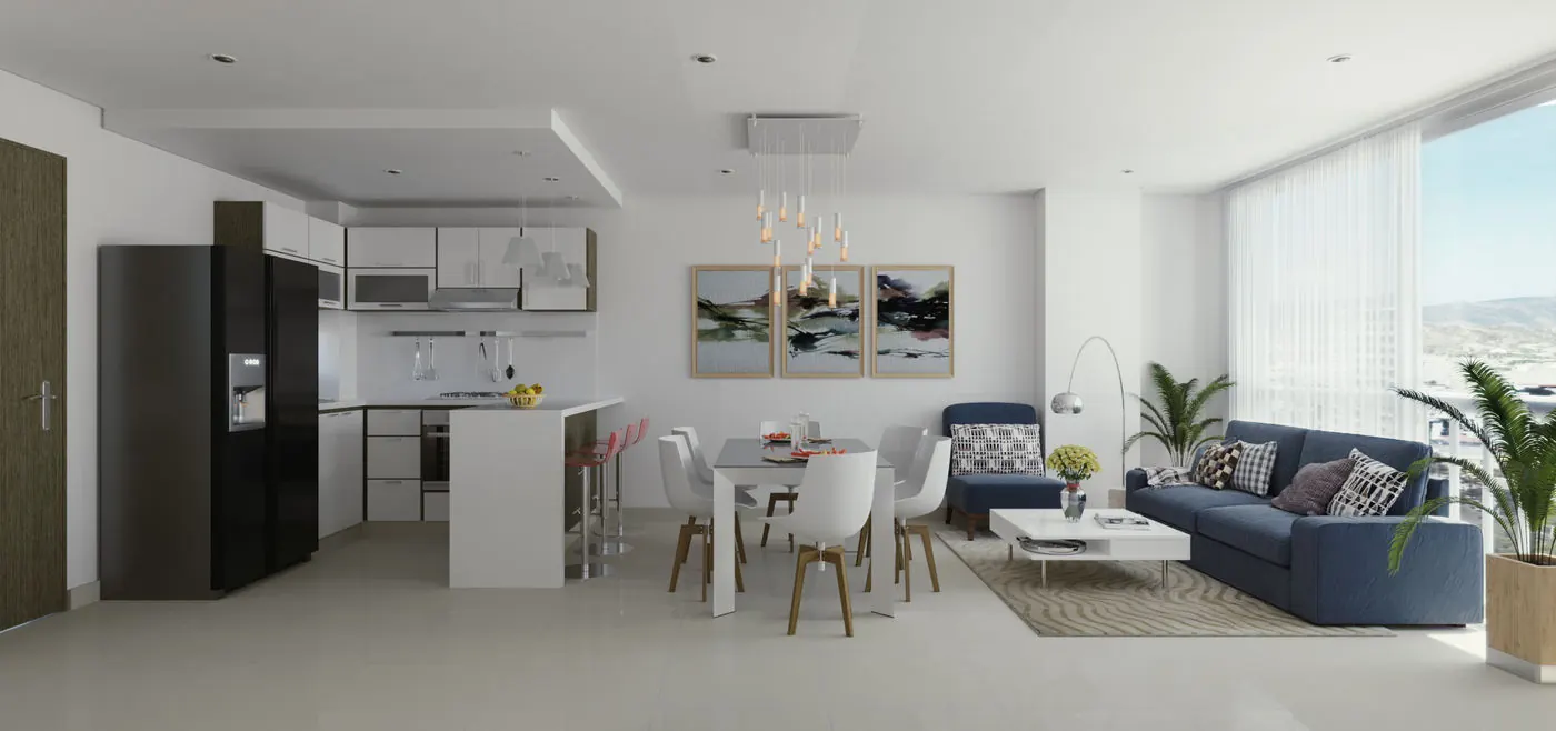 Render de interior de apartamento, el tipo de material de venta que G-ARQ produce para proyectos residenciales.